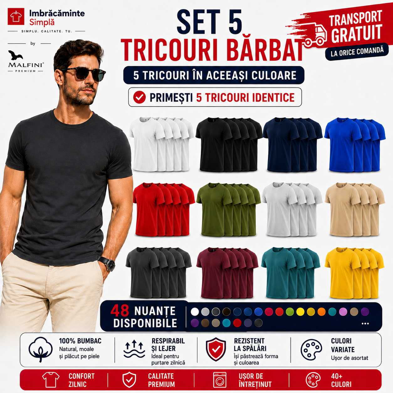 Set 5 tricouri bărbat Malfini Basic Clasic, 5 tricouri identice &icirc;n aceeași culoare